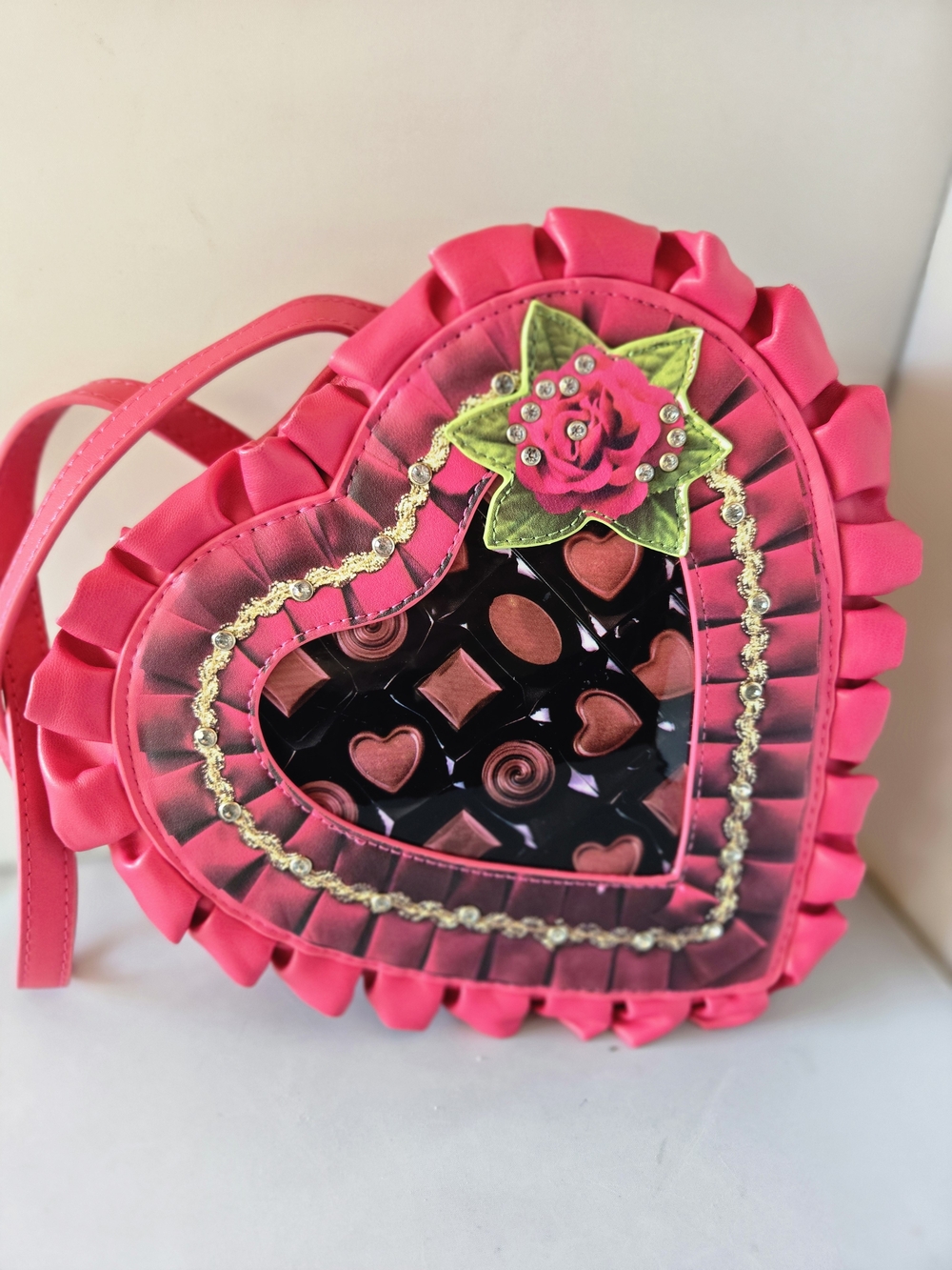 Betsey Johnson Hot Pink Heart-Shaped Crossbody with Rose Applique